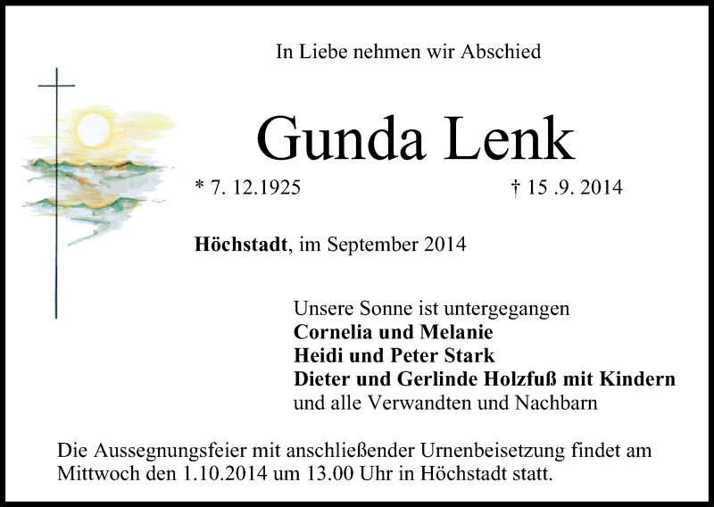  Traueranzeige für Gunda Lenk vom 29.09.2014 aus MGO