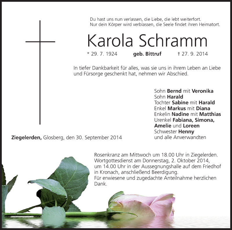  Traueranzeige für Karola Schramm vom 30.09.2014 aus MGO