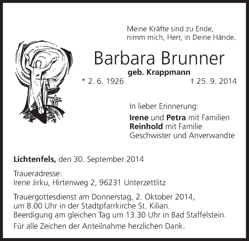  Traueranzeige für Barbara Brunner vom 30.09.2014 aus MGO