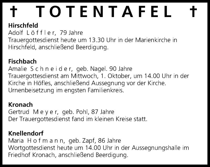  Traueranzeige für Totentafel vom 30.09.2014 vom 30.09.2014 aus MGO
