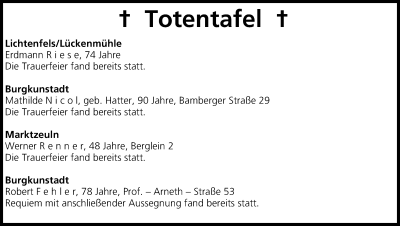  Traueranzeige für Totentafel vom 30.09.2014 vom 30.09.2014 aus MGO