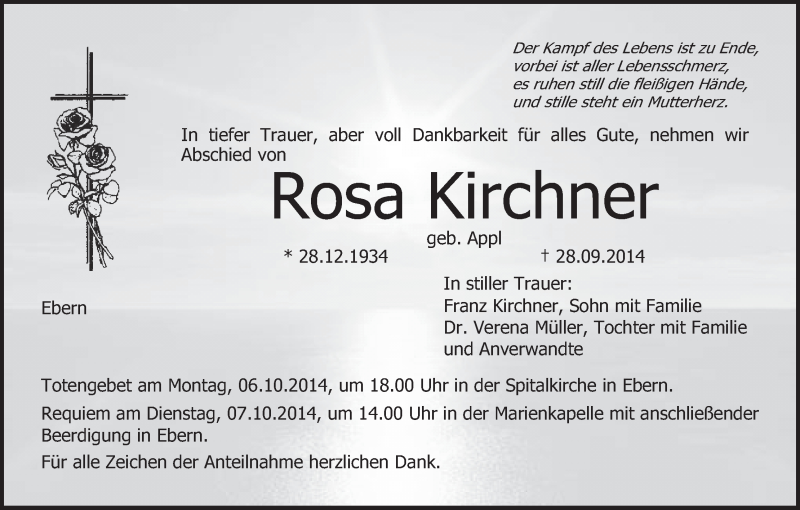  Traueranzeige für Rosa Kirchner vom 03.10.2014 aus MGO