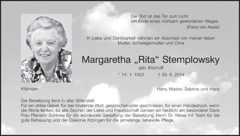  Traueranzeige für Margaretha Stemplowsky vom 04.10.2014 aus MGO