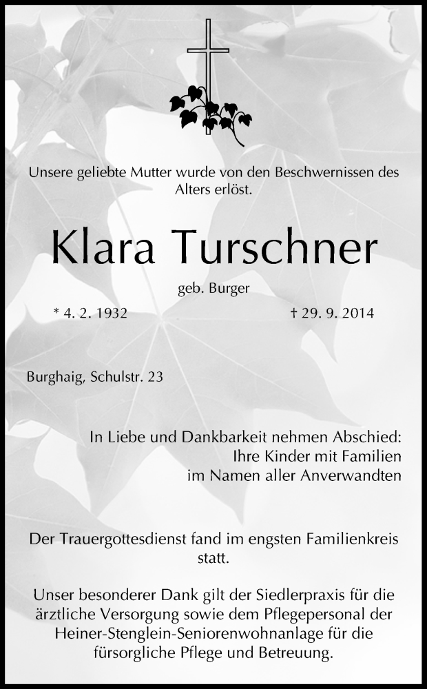  Traueranzeige für Klara Turschner vom 03.10.2014 aus MGO