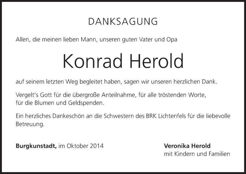  Traueranzeige für Konrad Herold vom 03.10.2014 aus MGO