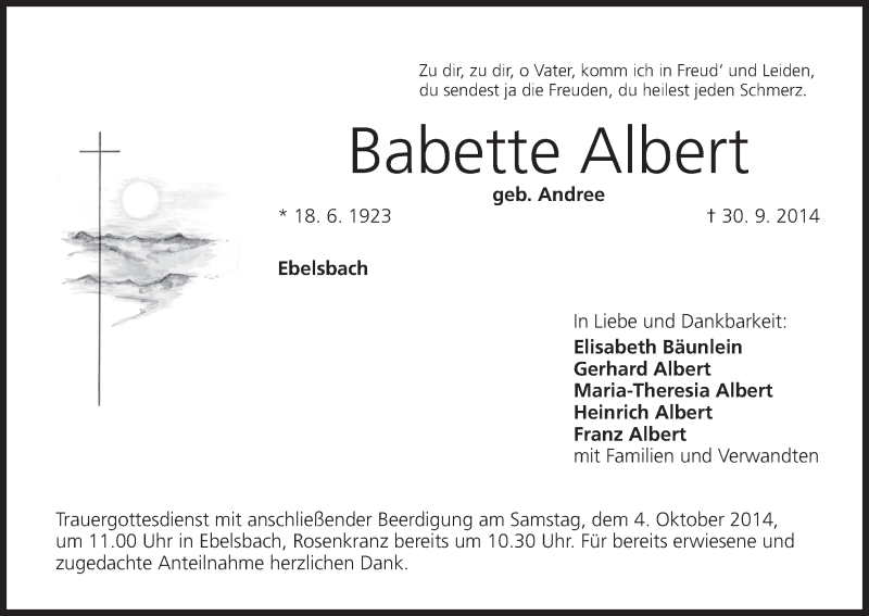  Traueranzeige für Babette Albert vom 03.10.2014 aus MGO