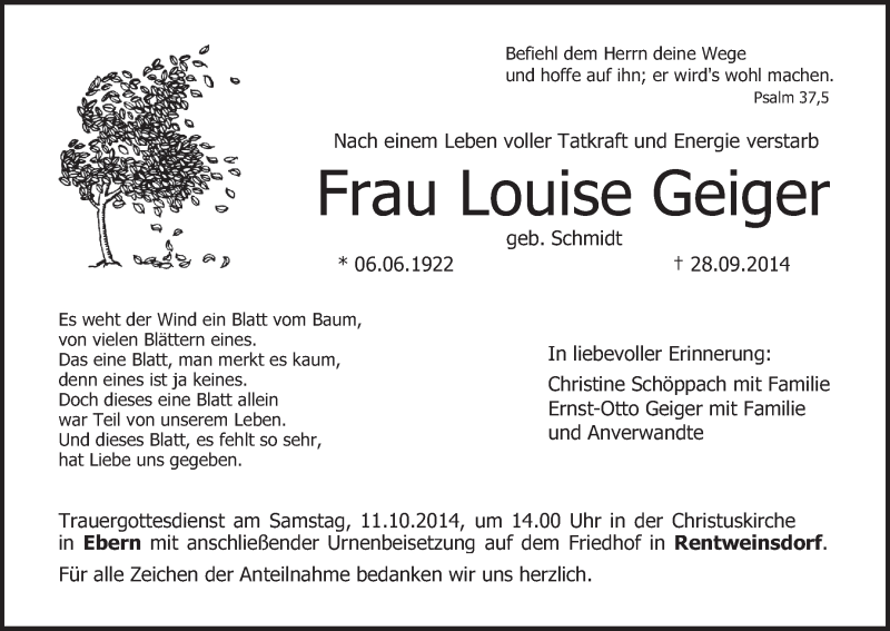  Traueranzeige für Louise Geiger vom 08.10.2014 aus MGO