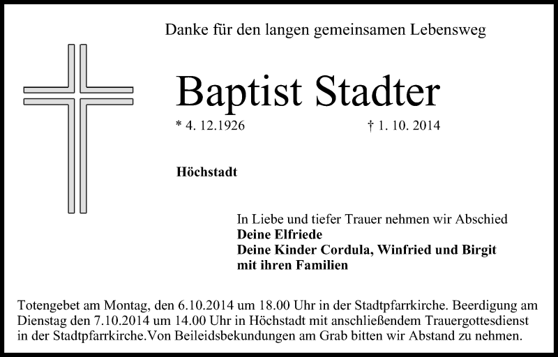  Traueranzeige für Baptist Stadter vom 03.10.2014 aus MGO