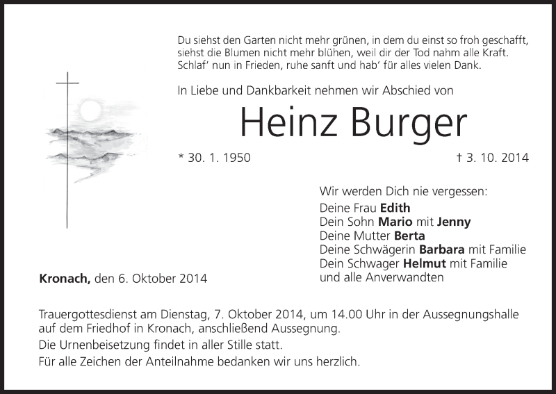  Traueranzeige für Heinz Burger vom 06.10.2014 aus MGO