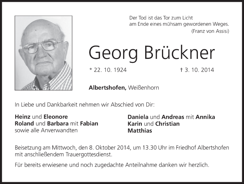  Traueranzeige für Georg Brückner vom 06.10.2014 aus MGO