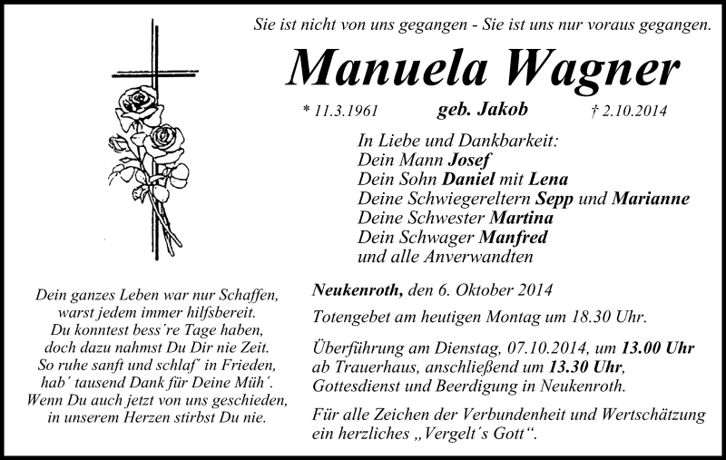  Traueranzeige für Manuela Wagner vom 06.10.2014 aus MGO