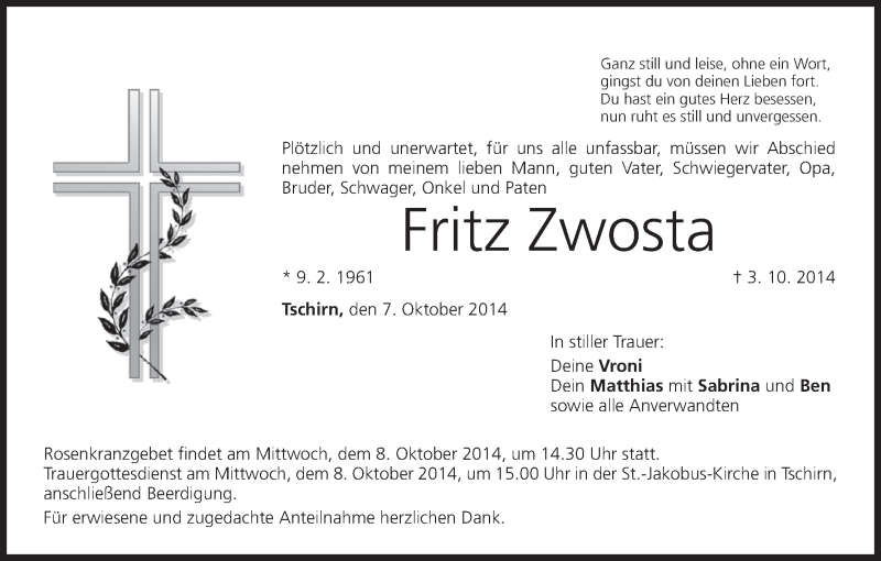  Traueranzeige für Fritz Zwosta vom 07.10.2014 aus MGO