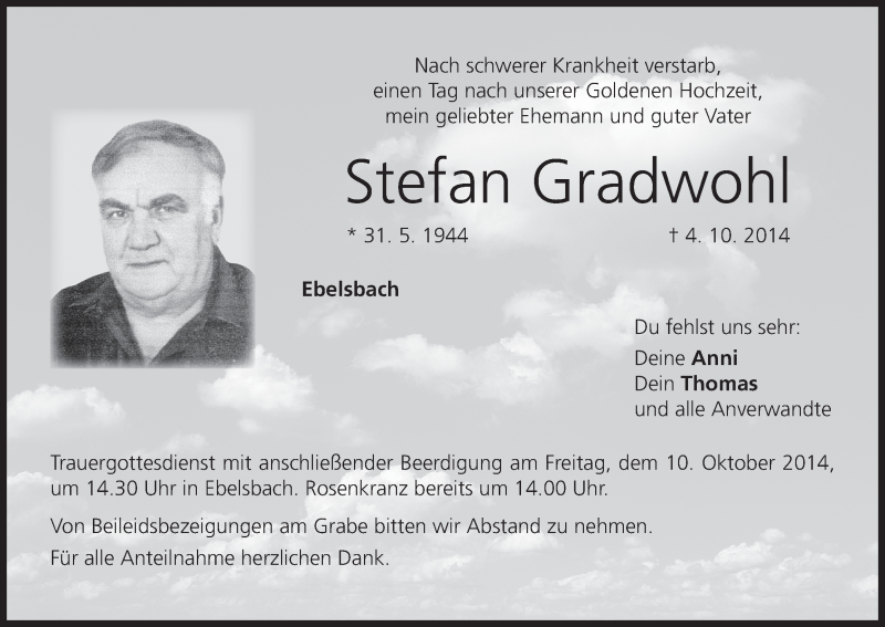  Traueranzeige für Stefan Gradwohl vom 08.10.2014 aus MGO