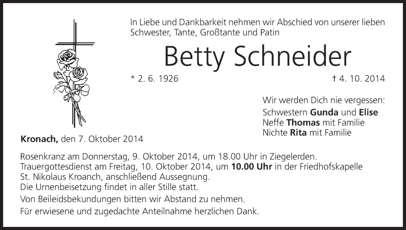  Traueranzeige für Betty Schneider vom 07.10.2014 aus MGO