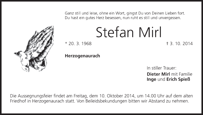  Traueranzeige für Stefan Mirl vom 07.10.2014 aus MGO
