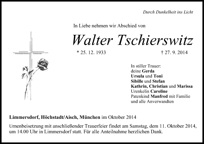  Traueranzeige für Walter Tschierswitz vom 07.10.2014 aus MGO