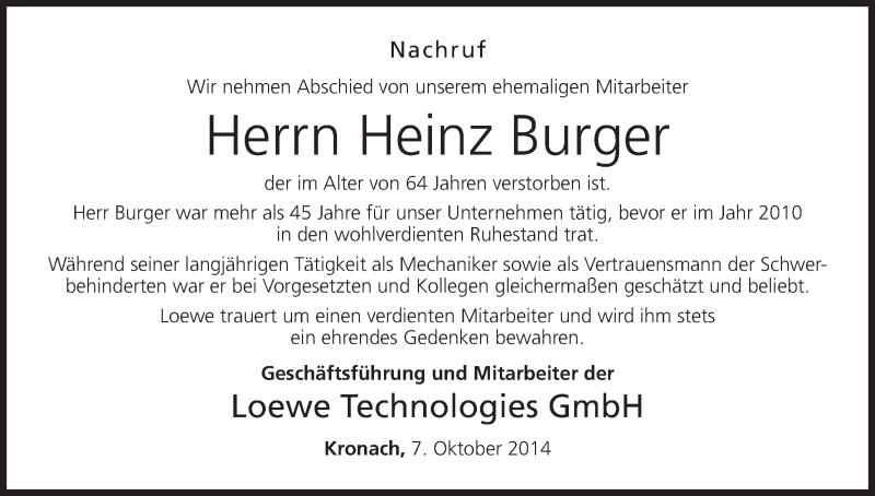  Traueranzeige für Heinz Burger vom 07.10.2014 aus MGO