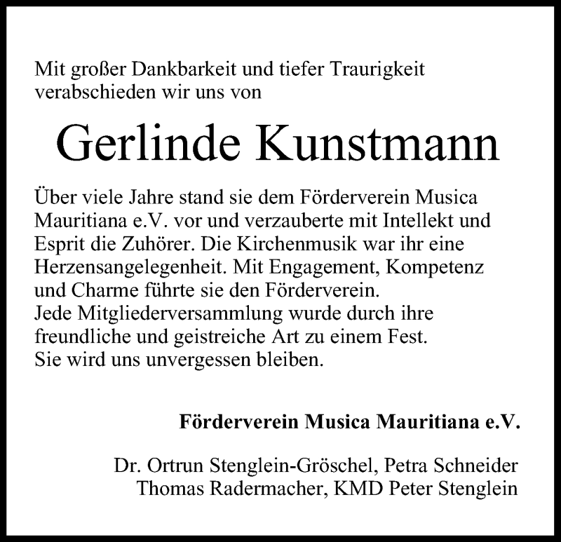  Traueranzeige für Gerlinde Kunstmann vom 07.10.2014 aus MGO