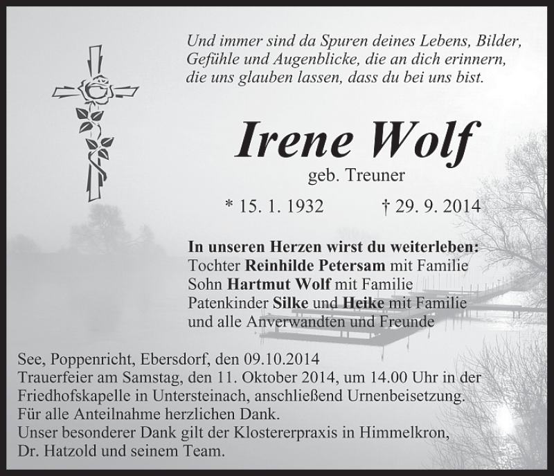  Traueranzeige für Irene Wolf vom 09.10.2014 aus MGO