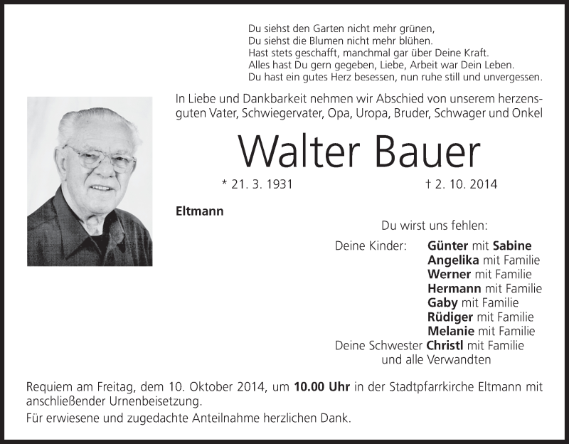  Traueranzeige für Walter Bauer vom 08.10.2014 aus MGO
