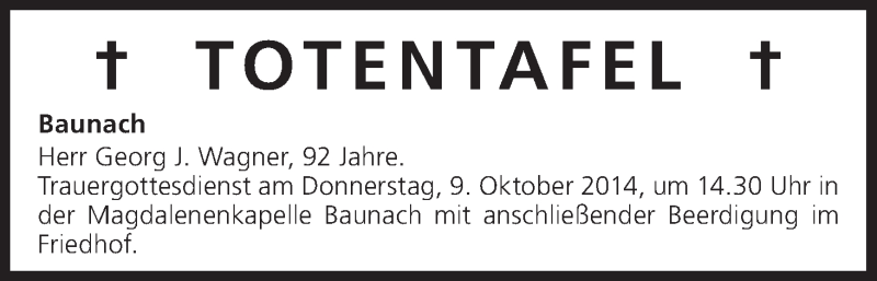  Traueranzeige für Totentafel vom 08.10.2014 vom 08.10.2014 aus MGO