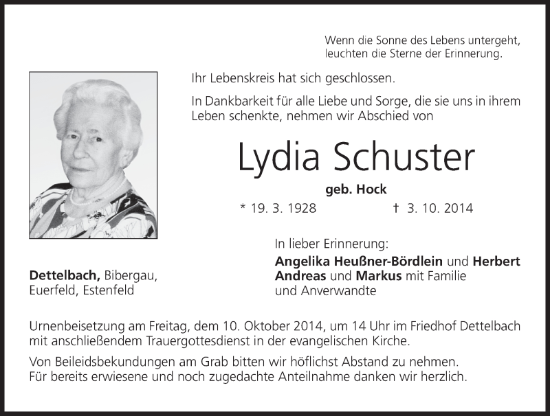  Traueranzeige für Lydia Schuster vom 08.10.2014 aus MGO