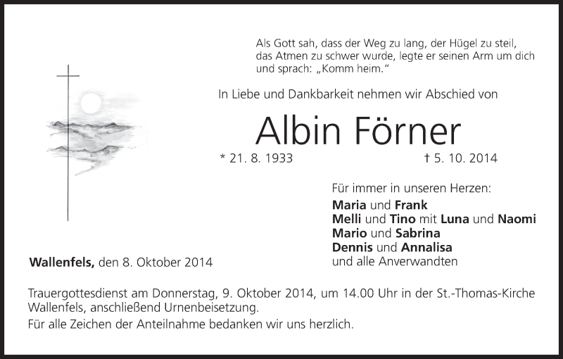  Traueranzeige für Albin Förner vom 08.10.2014 aus MGO
