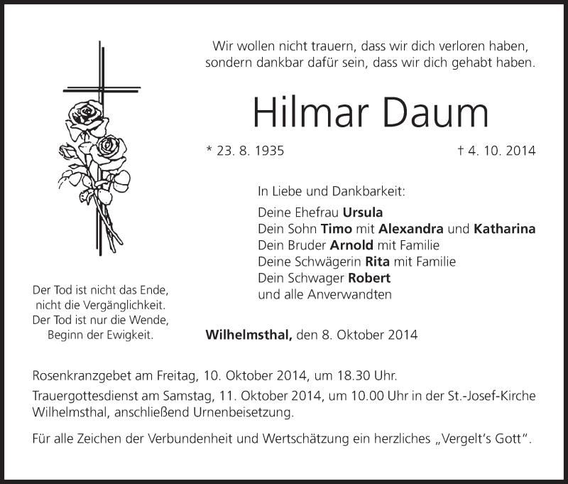  Traueranzeige für Hilmar Daum vom 08.10.2014 aus MGO