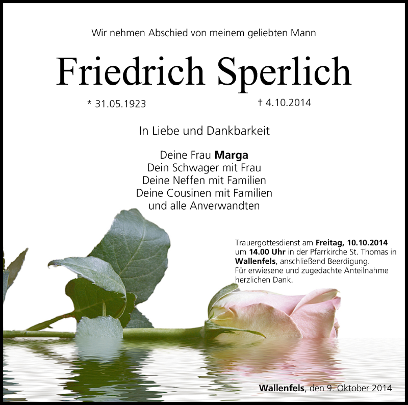 Traueranzeige für Friedrich Sperlich vom 09.10.2014 aus MGO