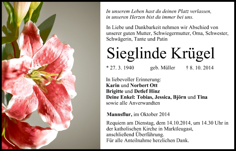  Traueranzeige für Sieglinde Krügel vom 11.10.2014 aus MGO