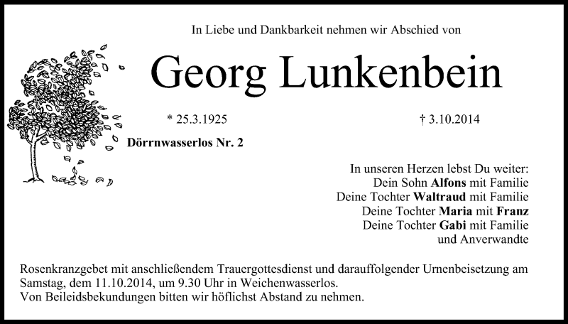  Traueranzeige für Georg Lunkenbein vom 10.10.2014 aus MGO