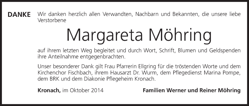  Traueranzeige für Margareta Möhring vom 11.10.2014 aus MGO