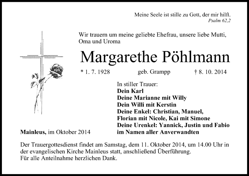  Traueranzeige für Margarethe Pöhlmann vom 10.10.2014 aus MGO