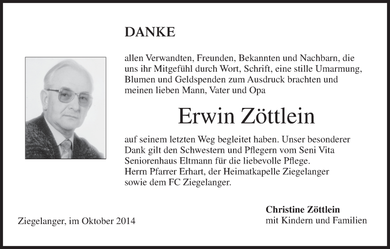  Traueranzeige für Erwin Zöttlein vom 11.10.2014 aus MGO