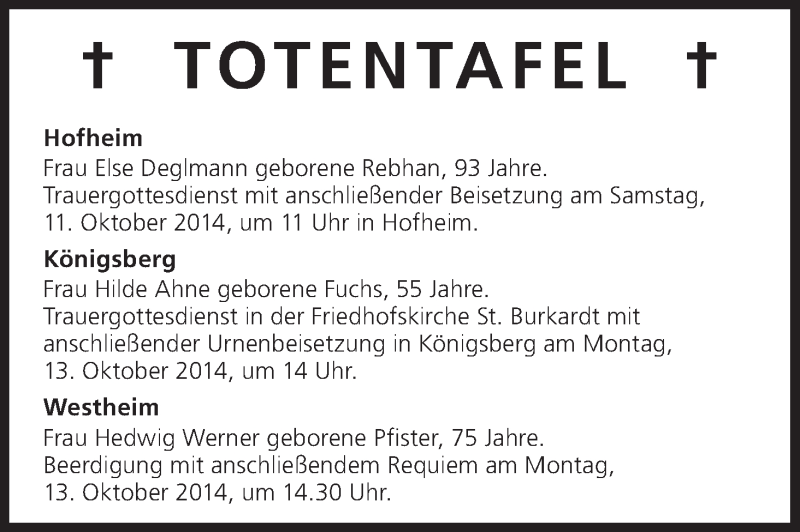  Traueranzeige für Totentafel vom 11.10.2014 vom 11.10.2014 aus MGO