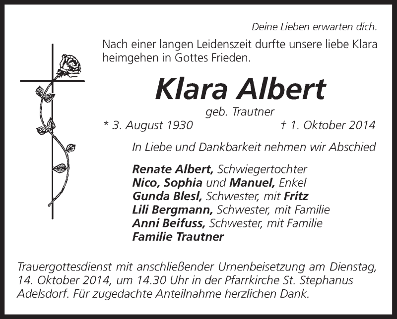  Traueranzeige für Klara Albert vom 13.10.2014 aus MGO