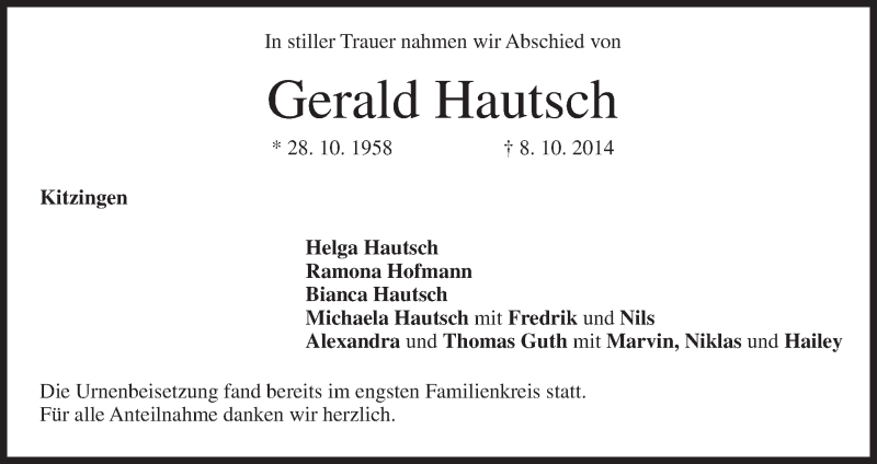  Traueranzeige für Gerald Hautsch vom 18.10.2014 aus MGO