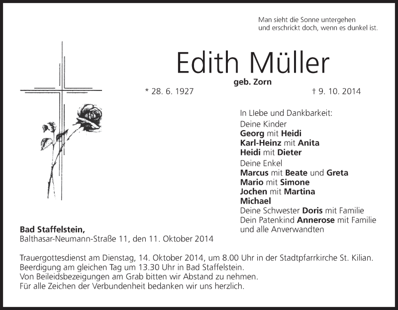  Traueranzeige für Edith Müller vom 11.10.2014 aus MGO