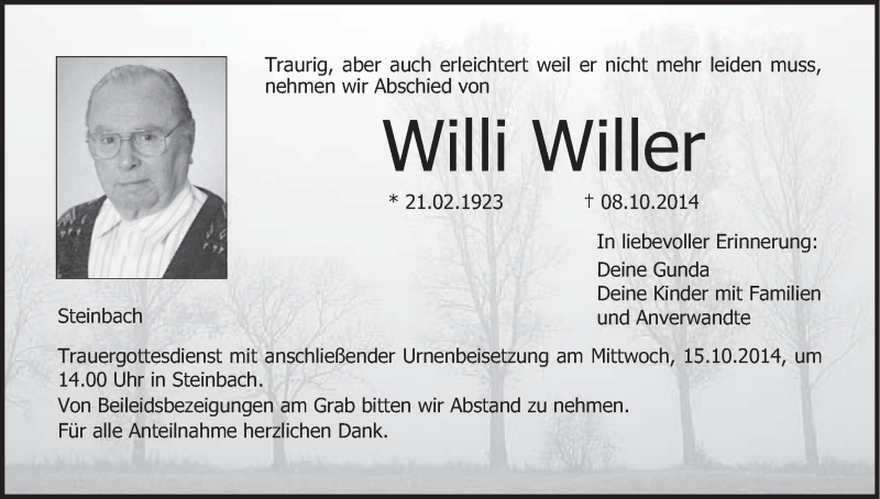  Traueranzeige für Willi Willer vom 13.10.2014 aus MGO