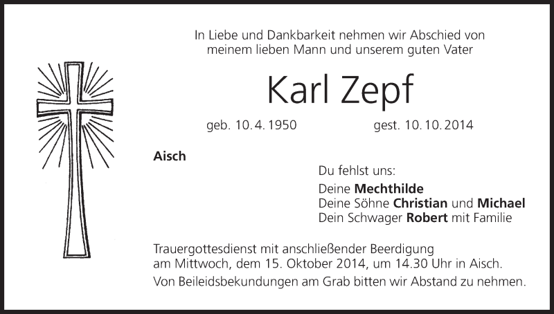  Traueranzeige für Karl Zepf vom 13.10.2014 aus MGO