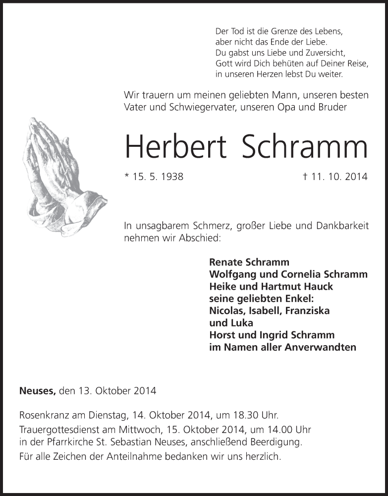 Traueranzeige für Herbert Schramm vom 13.10.2014 aus MGO