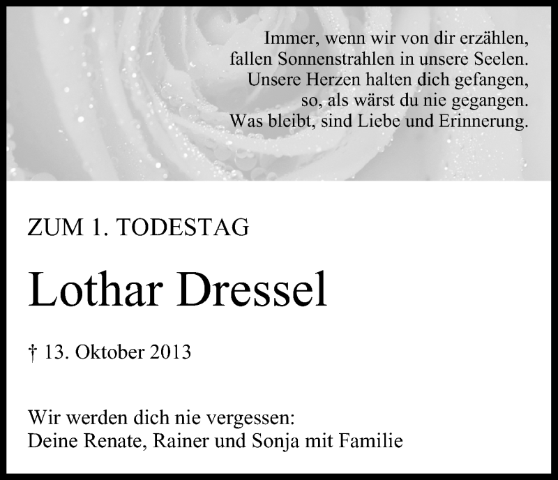  Traueranzeige für Lothar Dressel vom 13.10.2014 aus MGO
