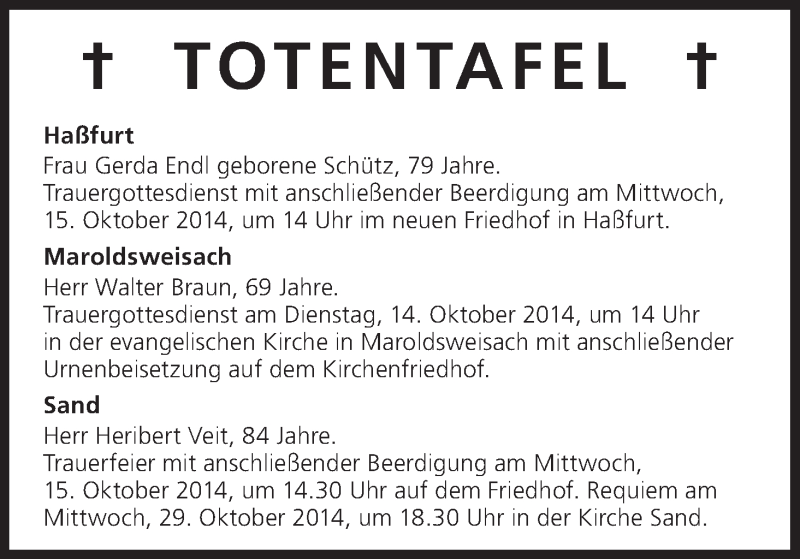  Traueranzeige für Totentafel vom 14.10.2014 vom 14.10.2014 aus MGO