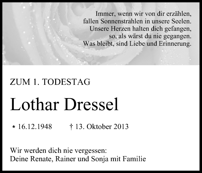  Traueranzeige für Lothar Dressel vom 18.10.2014 aus MGO