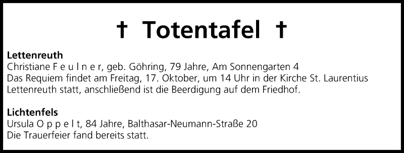  Traueranzeige für Totentafel vom 14.10.2014 vom 14.10.2014 aus MGO