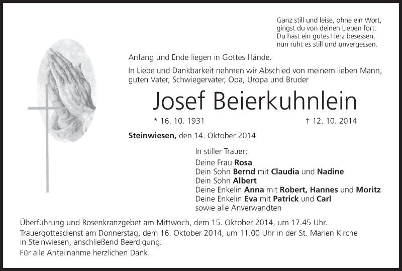  Traueranzeige für Josef Beierkuhnlein vom 14.10.2014 aus MGO