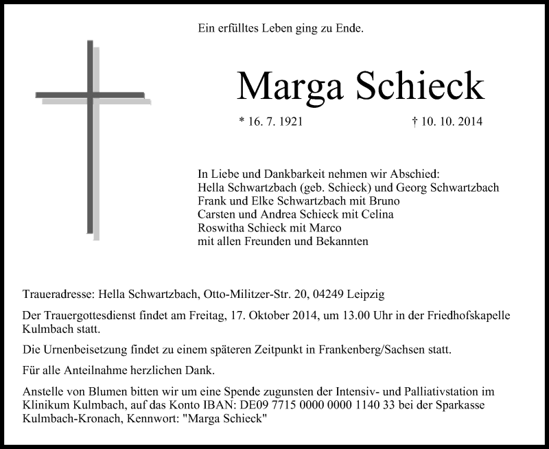  Traueranzeige für Marga Schieck vom 14.10.2014 aus MGO