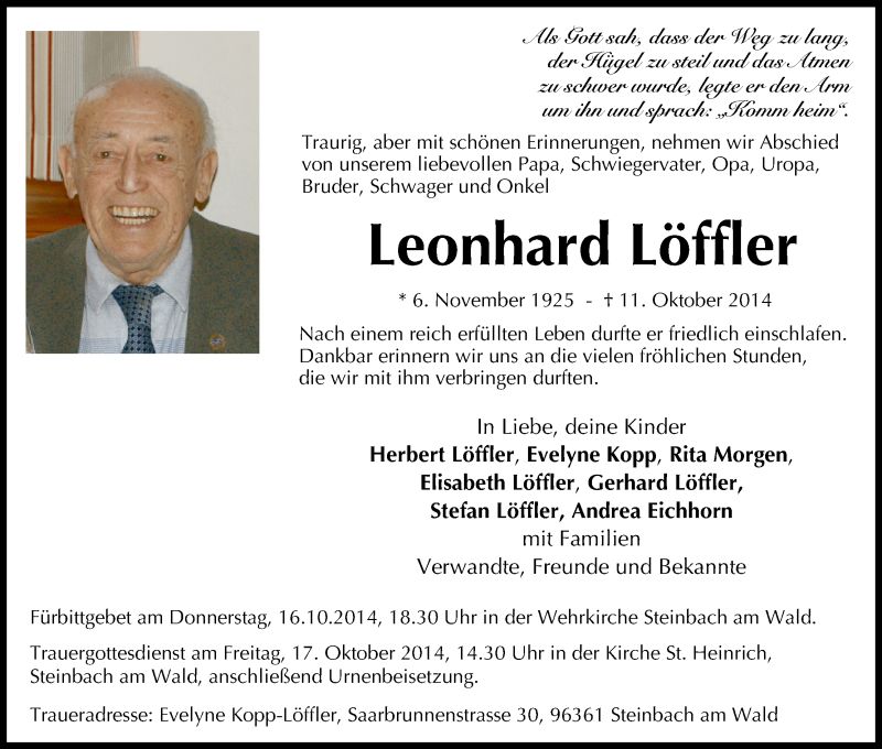  Traueranzeige für Leonhard Löffler vom 14.10.2014 aus MGO