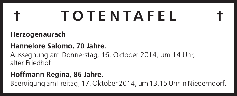  Traueranzeige für Totentafel vom 15.10.2014 vom 15.10.2014 aus MGO