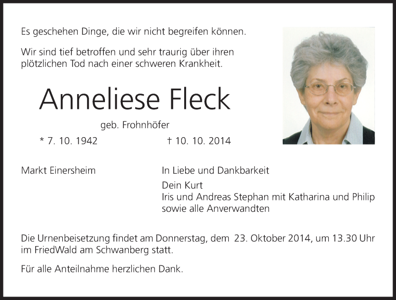  Traueranzeige für Anneliese Fleck vom 20.10.2014 aus MGO